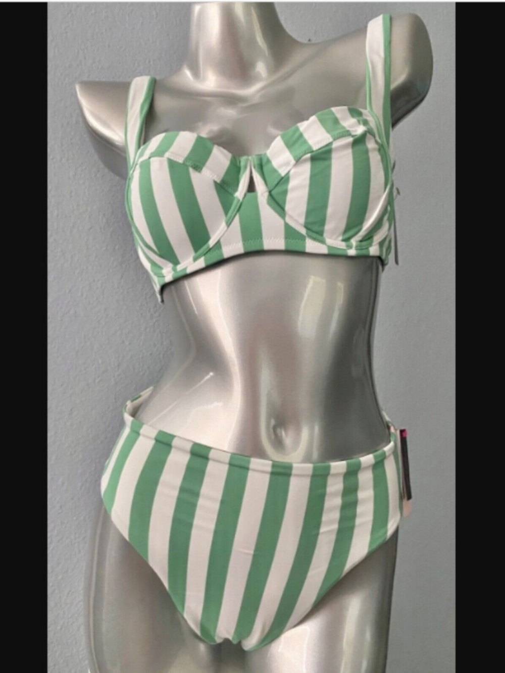 Victoria's Secret Swim Bikini Set Top High Bottom Green Stripe 36DD / XXL
